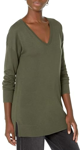 Amazon Essentials Damen Leichter Tunika-Pullover Mit Langen Ärmeln Und V-Ausschnitt (Erhältlich In Übergröße), Dunkles Olivgrün, XL