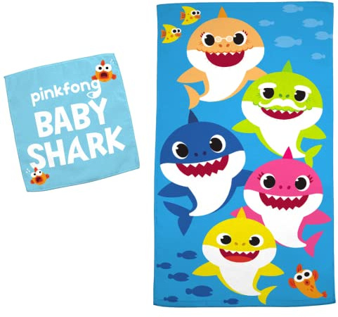 Franco Baby Shark Kids Bath/Pool/Beach Soft Absorbent Cotton Terry Towel with Washcloth 2 Piece Set, 50 in x 25 in