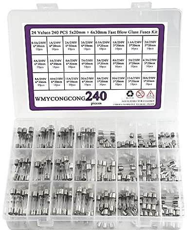 WMYCONGCONG Lot de 240 fusibles rapides en verre 250 V 5 x 20 mm 0,5 1 1,6 2 3 4 5 6,3 8 10 15 20 A + 6 x 30 mm 0,5 1 2 3 4 5 6 7 8 10 15 20 A Kit avec boîte en plastique