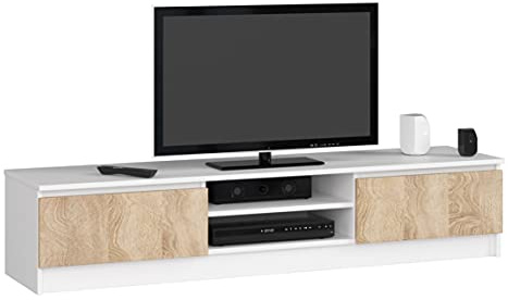 AKORD Meuble TV K-160 | Classique Meuble Télé | Banc TV | Moderne Meuble Television | H33 x L160 x P40 cm, Poids 30 kg | Couleur: Blanc/Chêne Sonoma