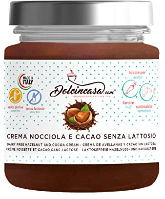 Dolcincasa-Crema Senza Lattosio Spalmabile Pronta all'uso Confezione da 200g Crema per Farcitura Senza Lattosio e Glutine (Crema Nocciola e Cacao)