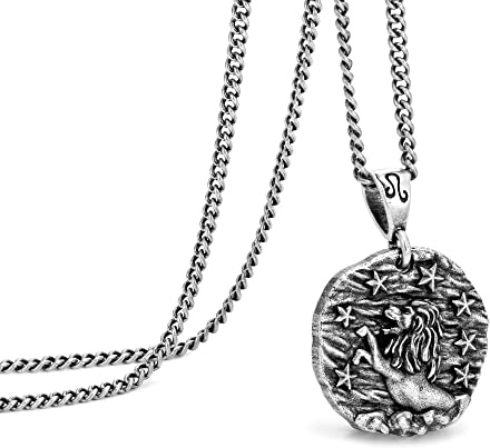 Speroto Collier zodiaque pour homme, en acier inoxydable avec pendentif en forme de 12 constellations, horoscope astrologie, Cadeaux de bijoux pour les femmes et les hommes(argent vintage,lion)