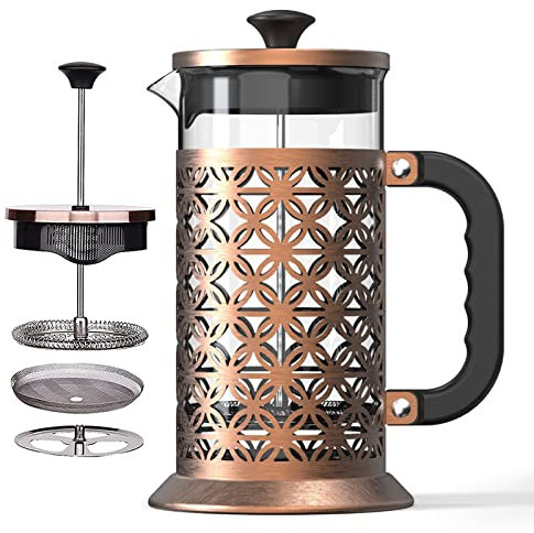 LTLWSH Cafetière à Piston, Caffettiera French Press 1L en Verre Borosilicate et Acier Inoxydable pour Café thé, Cafetiere a Piston Presse à Café,Laiton,Round Lattice