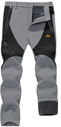 KEFITEVD Winter Softshellhose Herren Wasserabweisend Atmungsaktiv Skihose Warm Fleecehose Outdoor Winddicht Thermohose mit Fleece Gefüttert für Herbst Hellgrau-schwarz 40
