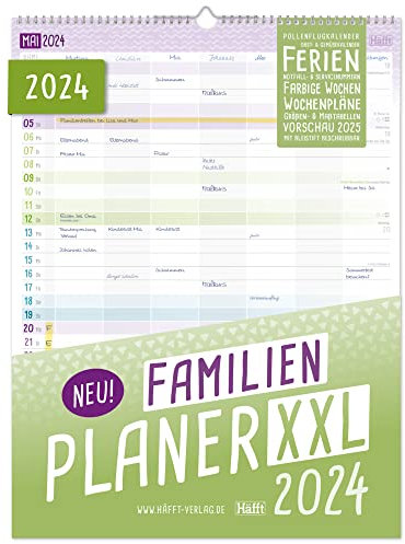Häfft Familienplaner XXL 2024 Wandkalender 7-spaltig, 33 x 44 cm | Laufzeit 12 Monate: Jan - Dez 24 | Familienkalender Wandplaner mit Ferienterminen u.v.m. | klimaneutral & nachhaltig, fürGeburtstage