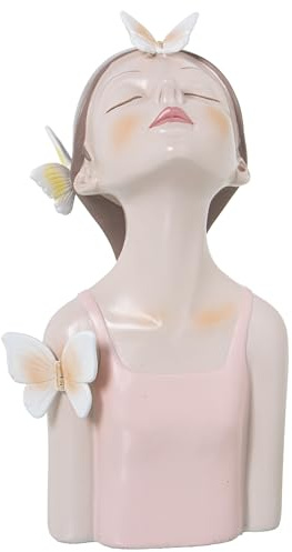 DRW Figura di un busto da ragazza in resina con farfalle e maglietta rosa 10x11x20 cm