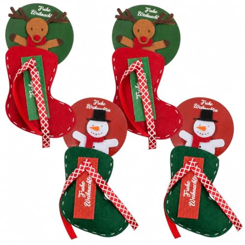 MIJOMA Set Geldgeschenkverpackungen, Filzsocken mit Weihnachtsfiguren und kleinen Grußkarten, Schneemann & Rentier, Perfekte Verpackung für Geldgeschenke und Gutscheine - ca 16cm (rot-grün, 4 Stück)