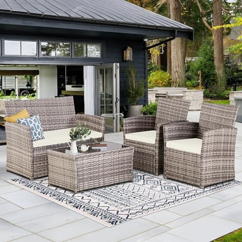 Seogwisam 4 Piece Patio Furniture Set, Outdoor Wicker Conversation Set, Rattan Sectional Sofa Couch with Glass Coffee Table & Thick Cushion for Backyard, Porch, Garden, Poolside, Grey/Beige
