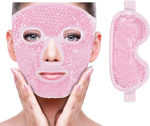 Varm och kall för ansiktet, minskar svullnad, eliminerar mörka ringar och mjukar upp mörka cirklar, lindrar huvudvärk, gör huden ljusare (rosa ansiktsmask + ögonmask)