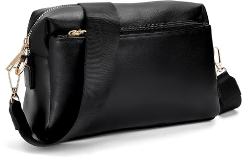 molshine Handy Umhängetasche Damen,Kleine Schultertasche,Vegan Leder Crossbody Bag mit drei Reißverschlussfächern,Elegant Handtasche mit Verstellbar Schultergurt HB040 (Schwarz)