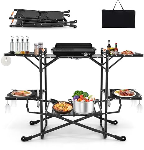 GOPLUS Campingküche faltbar, Reiseküche mit 4 Seitentischen und Aluminium-Tischplatte, Campingtisch Picknicktisch klappbar, Outdoorküche mit Tragetasche für Camping Picknick Grillpartys