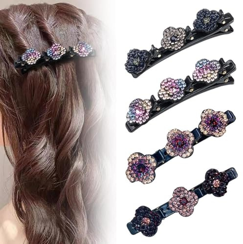 Funkelnde Kristallstein Geflochtene Haarspangen, Doppelschichtige Haarspangen FüR Frauen MäDchen, Kolibri Haarspange Mit Kristallblume, Geflochten Mit 3 Mini Haarspangen, Strass Haarspange (4PCS)
