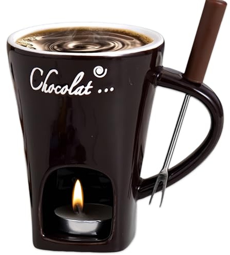 Generisch Schokofondue Tasse, 200ml Keramik Schokoladenfondue Tasse, Mehrzweck Chocolate Fondue Set mit Gabel und Teelicht für Käse, Schokolade, Butter und Karamell (braun)
