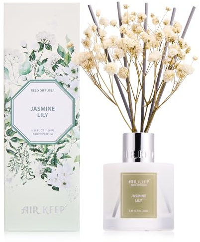 Airkeep Raumduft Jasmine Lily Duft, Reed Diffuser mit 8 Duftstäbchen, Lufterfrischer für Badezimmer, Wohnung, Heimdekoration, 100ml