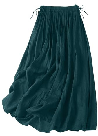 Women's Cotton Linen Skirts Retro Vintage Flowy Long Skirt Elastic Waist Summer Maxi Skirts Casual Loose Beach Boho Vacation Skirt Ladies UK
