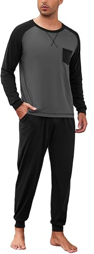 Aseniza Pyjama Homme Hiver Ensembles de Pyjama Coton Manches Longues Vêtements de Nuit Homme Doux Loungewear Contrastées avec Insertions Raglan