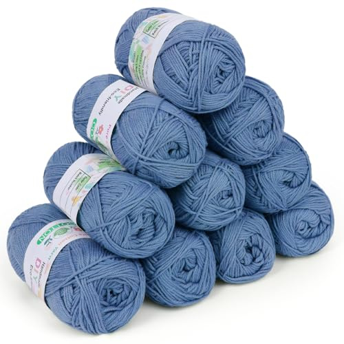 Coopay Wolle zum Häkeln, 100% Baumwolle zum Stricken, 10 x 50g Weiches Häkelgarn Baumwolle zum Häkeln, Babywolle Baumwollgarn für Pullover, Socken, Babydecke - Hellblau