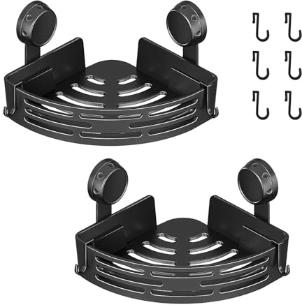OneNine Triangle Shower Basket, Bathroom Shelf with 6 Hooks, Black, No Drilling, Corner, Plastic, Strong Adhesion, Drainage Holes
