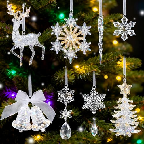 Kuvarix 8 Piezas Adornos Arbol Navidad, Decoracion Arbol de Navidad de Cristal, 3D Acrílico Copos de Nieve Decoracion, para Ventanas, Dormitorio, Adornos de Invierno