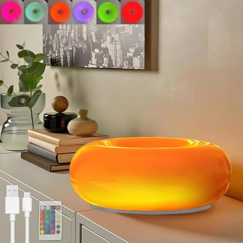 Donut Lampe LED Akku Tischleuchte USB Aufladbar Glas mit Touch Control, Donut Tischlampe Orange mit Fernbedienung 3 Farbtemperatur + RGB Dimmbar, Batteriebetriebene Nachttischlampe 2000mAh,Orange