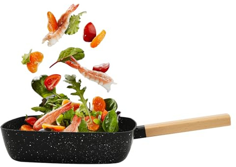YUYUZI Poêle antiadhésive, carrée, avec revêtement en céramique, avec manche en bois, 18 cm, pour tous les types de feux, poêle de cuisine sans PTFE, cuisson saine et nettoyage facile
