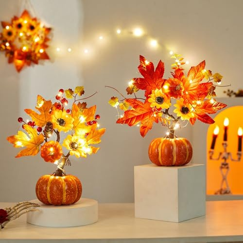 JIABAOZ Addobbi Autunnali Zucche, Zucche del Ringraziamento Tavola Decorazioni con Luci, Zucca Artificiale Centrotavola, Piante con Foglie d'acero Finte Autunnali (2B-1)