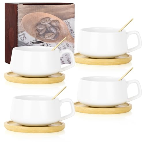 AOOTE Juego de Taza y Platillo, 4 Pcs 320ML Tazas de Capuchino de Ceramica, Tazas de Cafe Espresso Porcelana con Plato con Posavasos de Madera y Cuchara, Tazas de Café para Moca, Té, Latte, Desayuno