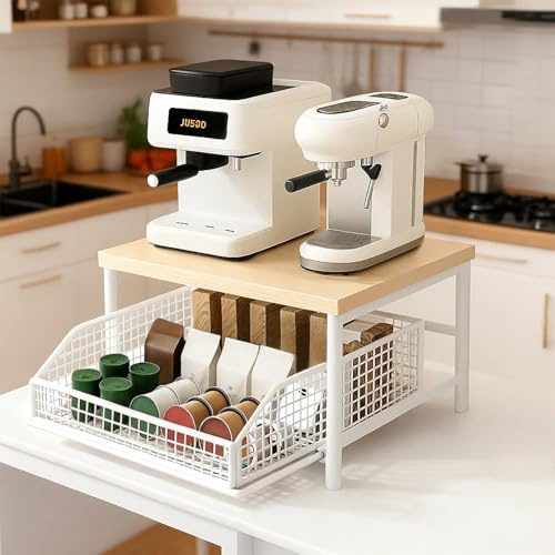 SUNNYNESTPremium 2-Tier Kitchen Countertop Organizer with Drawer Metal Baskets Space-Saving Wooden Metal Storage Shelf for Utensils Spices Coffee Condimentsfor Home Kitchen (White)
