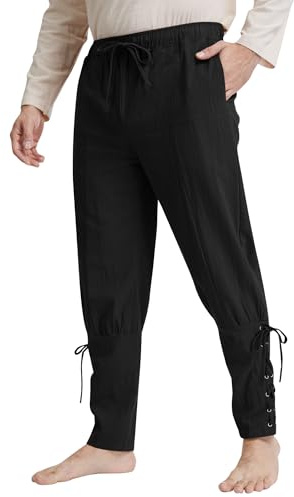 LVCBL Mens Renaissance Pirate Linen Pants, Medieval Viking Halloween Cosplay Trousers