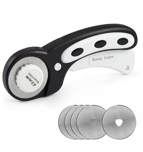 Cortador giratorio de 45 mm con 5 cuchillas de repuesto, mango ergonómico con bloqueo de seguridad para tela, cuero, papel, manualidades, costura, acolchado, perfecto para mano izquierda y derecha