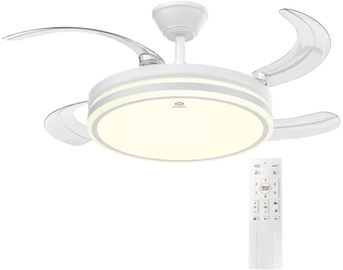 Woox Ventilador de Techo con Luz, 30W Motor DC + 50W Luz con Brillo y CCT Regulable sin Escalonamiento, Ventilador Retráctil de 4 Aspas, 6 Velocidades, con Control Remoto Funcion Verano e Invierno