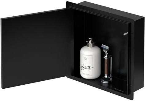 LuxeBath Wandnische Dusche Edelstahl mit befliesbarer Tür, 25,5x25,5x10 cm, Schwarz, Eingebettete Duschnische wasserdicht, Einbaunische randlos, Duschablage Duschregal Einzelregal, Badezimmer Lagerung