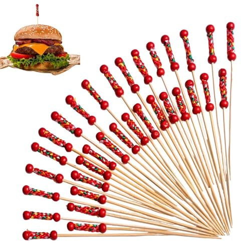Picas de cóctel – 100 piezas decorativos con perlas y cuerda, para embutidos de 12 centímetros de longitud, para embutidos, bebidas, cócteles, frutas, postres, cocina, bar y