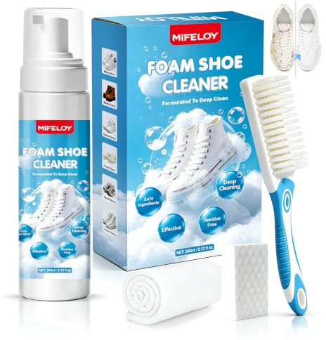 Mifeloy Shoe Cleaner 240ml – Foam Trainer Cleaner for White Shoes, Sneakers & Canvas, Lifts Dirt & Stains, Complete Cleaning Kit with Brush, Cloth & Magic Sponge