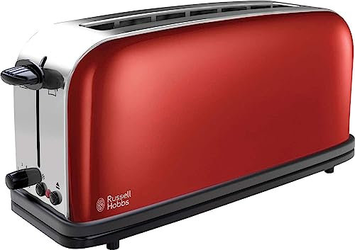 Russell Hobbs Tostadora Colours Plus - 1 Ranura Larga y Ancha, Tostador para 2 Rebanadas, Bandeja Recogemigas, Calientapanecillos, Función Cancelar y Descongelar, Acero Inoxidable, Rojo - 21391-56