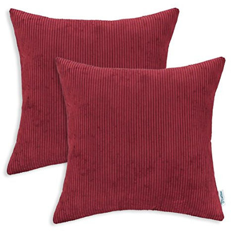 CaliTime Throw Pillow Covers Pack of 2 Ultra Soft Solid Color Corduroy Striped Decorative Cushion Cases for Couch Bed Sofa 18 X 18 Inches Dark Red