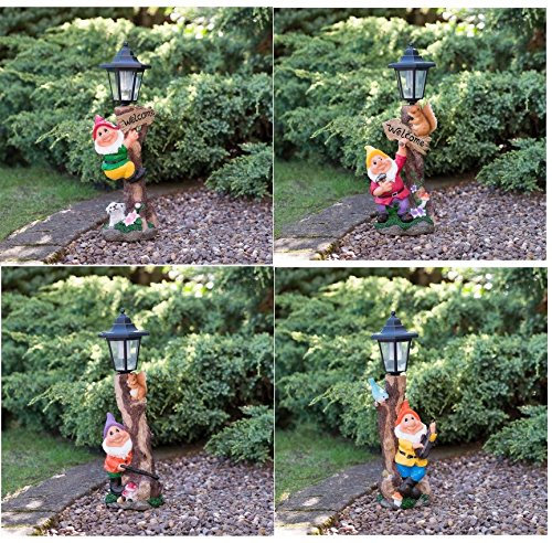 Delex® Stunning Garden Gnome with Solar Powered Lamp Post Offered in Red / Purple / Yellow / Orange