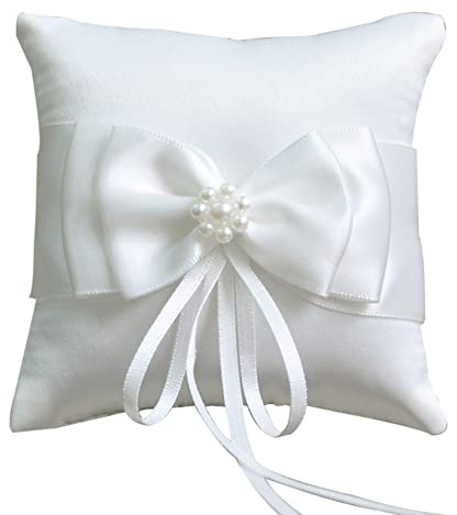 Little World Ring Pillow Pearls, Decor Bridal Wedding Ivory Ring Bearer Pillow, 7.8 Inch x 7.8 Inch (White)
