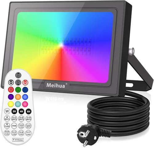 MEIHUA 35W RGB LED Strahler mit Fernbedienung, IP66 Wasserdicht RGB Fluter Farbwechsel 10 Farben 12 Modi Außenstrahler Flutlicht mit Timer Memory Funktion für Disco Party Garten Feiertagsdekoration | RGB Fluter Farbwechsel 10 Farben Außenstrahler Flutlicht Timer Memory Funktion Für Disco Party Garten Halloween Weihnachten