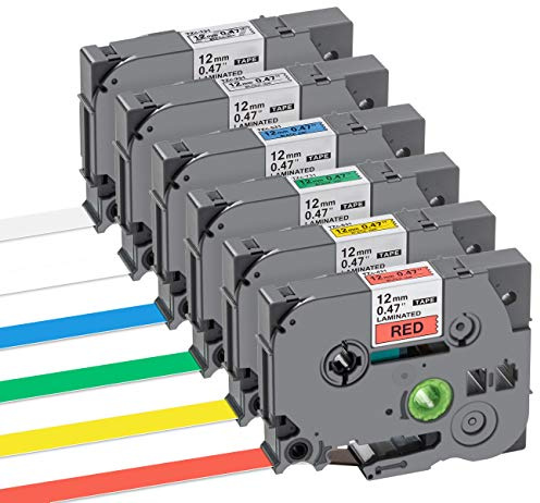 Anstore 6 Beschriftungsgerät Ersatz für Schriftband Brother P-touch Bänder TZe-131 TZe-231 TZe-431 TZe-531 TZe-631 TZe-731, Schwarz auf Weiß/Transparent/Rot/Blau/Gelb/Grün laminiert Tze Schriftband
