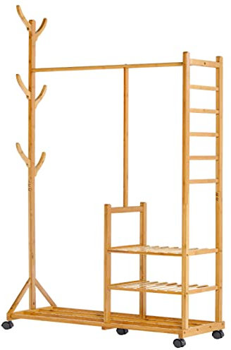 Yorbay Garderobenständer Bambus Kleiderständer mit Rollen, mit Kleiderstange, 3 Ablagen und 6 Haken, Baumform, 100 x 38 x 176 cm (Natur)