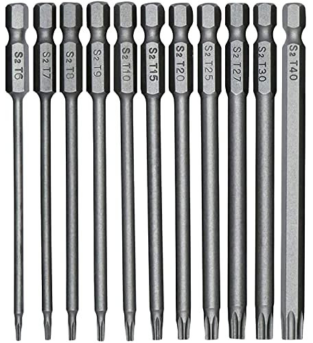 TUAKIMCE 100mm Torx Screwdriver Bits, 11PCS 1/4 inch Hex Shank T6-T40 S2 Steel Magnetic Star Torx Security Head Screwdriver Bits Set for Electric Manual Screwdrivers