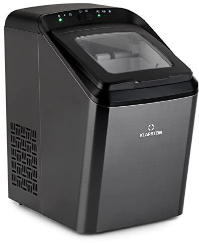 Klarstein Partytime - Máquina de cubitos de hielos, Potencia 145 W, Tanque de agua 2,9 L, Volumen producción 15 kg/24h, 9 cubitos por ciclo, 2 tamaños, Función autolimpieza, Acero, Negro