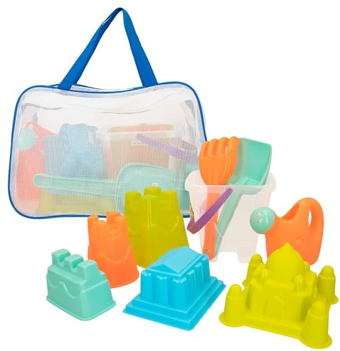 COLOR BEACH - Bolsa Juguetes de playa y arena para niños, Cubo arena, Ø18 cm, cedazo, pala, rastrillo, regadera, moldes arena, COLORBABY, +18mese (49272)