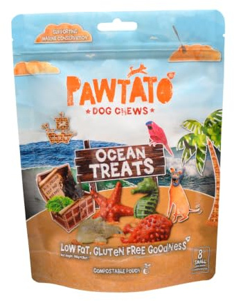 Pawtato Vegan Dog Chews Ocean Leckerlis Natürliches Rohleder Alternative Vegane Hundeleckerlis Fettarm pflanzlich hypoallergen Süßkartoffel getreidefrei Kauspielzeug klein 140 g