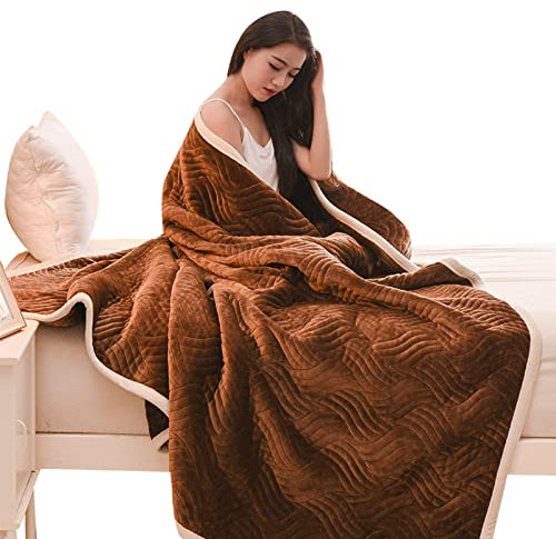 Flanell Decke 200x230cm, Kuscheldecke Flauschig, Schwer Schlafdecke Winter, Kaffee Zweiseitige Doppelschicht Wohndecke Baumwolle Weiche Warm Gemütlich Felldecke für Herbst Winter