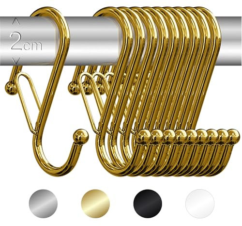 Blau Marité 10 Pack S Hooks for Hanging for Bars up to 0.8 Inch (2 cm) Diameter - Anti-Drop Hooks with Safety Lock – Heavy-Duty for Kitchen, Bathroom & Closet – Golden (Medium)