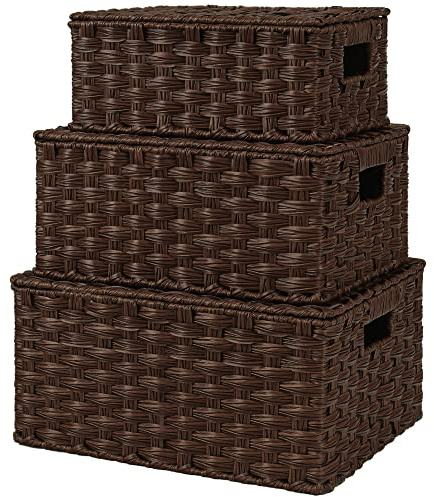 GRANNY SAYS Wicker Baskets with Lids, Set of 3 Decorative Storage Boxes, Woven Basket for Organizing, Storage and Organizer Baskets, Brown, 3-Pack