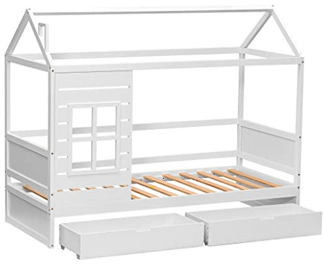 Kinderbett,Hausbett 90X200Cm Mit 2 Schubladen,Kleinkindbetten Massivholz Mit Lattenrost,Kinder Und Jugendzimmer,FüR Jungen & MäDchen,Weiß