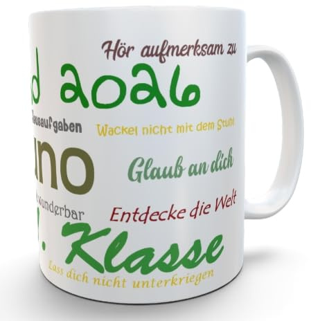 Tasse Schulkind 2026 mit Mutmachsprüchen personalisierts Geschenk zur Einschulung Befüllung Schultüte (grün)